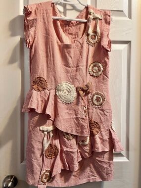 Bobo Pink Eyelet Crochet Appliqué Ruffle Dress